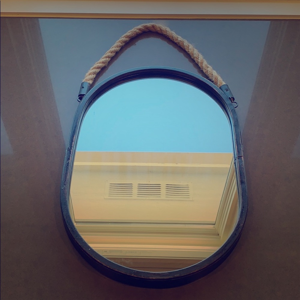 Oval Black Wall Mirror with Natural Rope Hanger